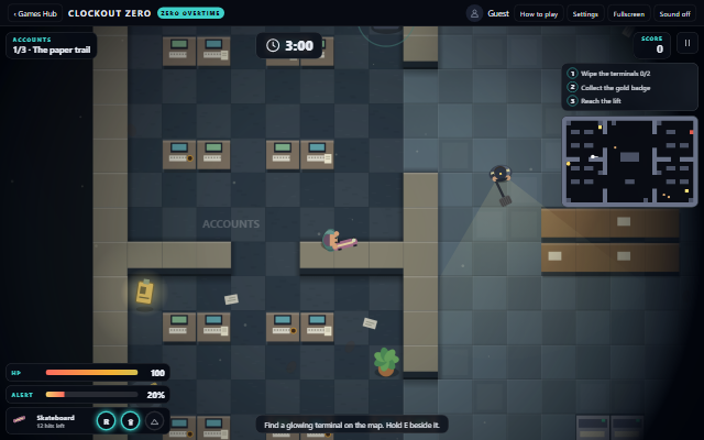 Clockout Zero: an office floor seen from above