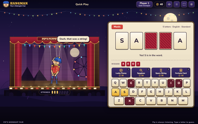 Hangman: Pip the puppet on a moonlit fairground stage