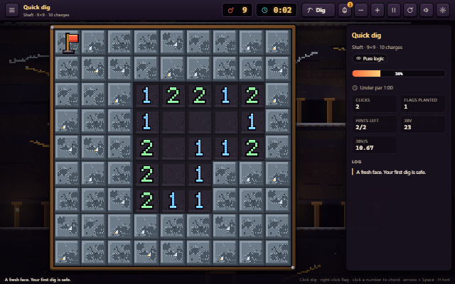 Cindershaft Minesweeper: a stone grid with numbers in a mine shaft